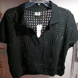Stylish Open Knit Polo Collar Crop Top  XL